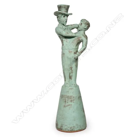 (F19) John Roy 'Conflict and Resolution'. H 580mm. Ceramic w pale matte glaze patinated bronze colour.