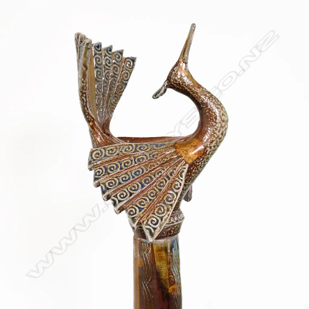 Petra Meyboden salt glazed stoneware bird on plinth w rimu base. H 1200mm. 8 pc composition Image 1++