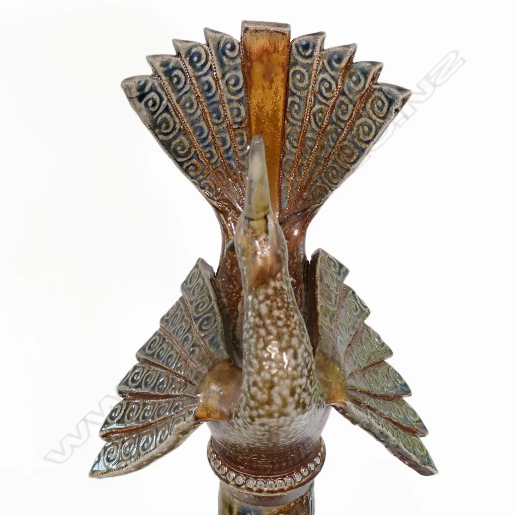 Petra Meyboden salt glazed stoneware bird on plinth w rimu base. H 1200mm. 8 pc composition Image 1++