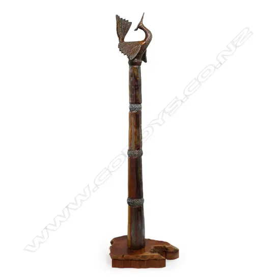 Petra Meyboden salt glazed stoneware bird on plinth w rimu base. H 1200mm. 8 pc composition