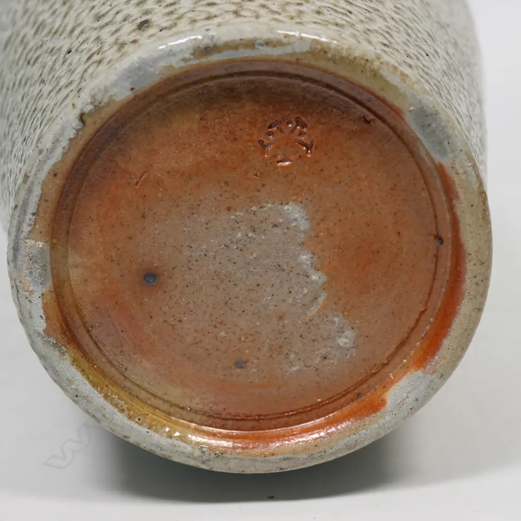Toby Stafford tall salt glazed cylinder shaped vase with incised detail. H.395mm. Image 1++