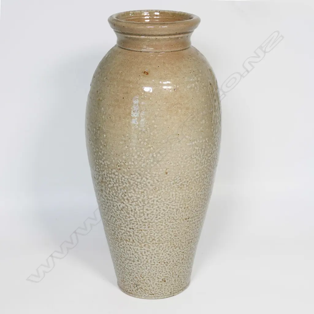 Toby Stafford tall salt glazed cylinder shaped vase with incised detail. H.395mm. Image 1++
