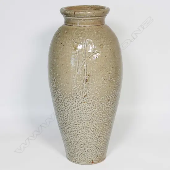 Toby Stafford tall salt glazed cylinder shaped vase with incised detail. H.395mm.