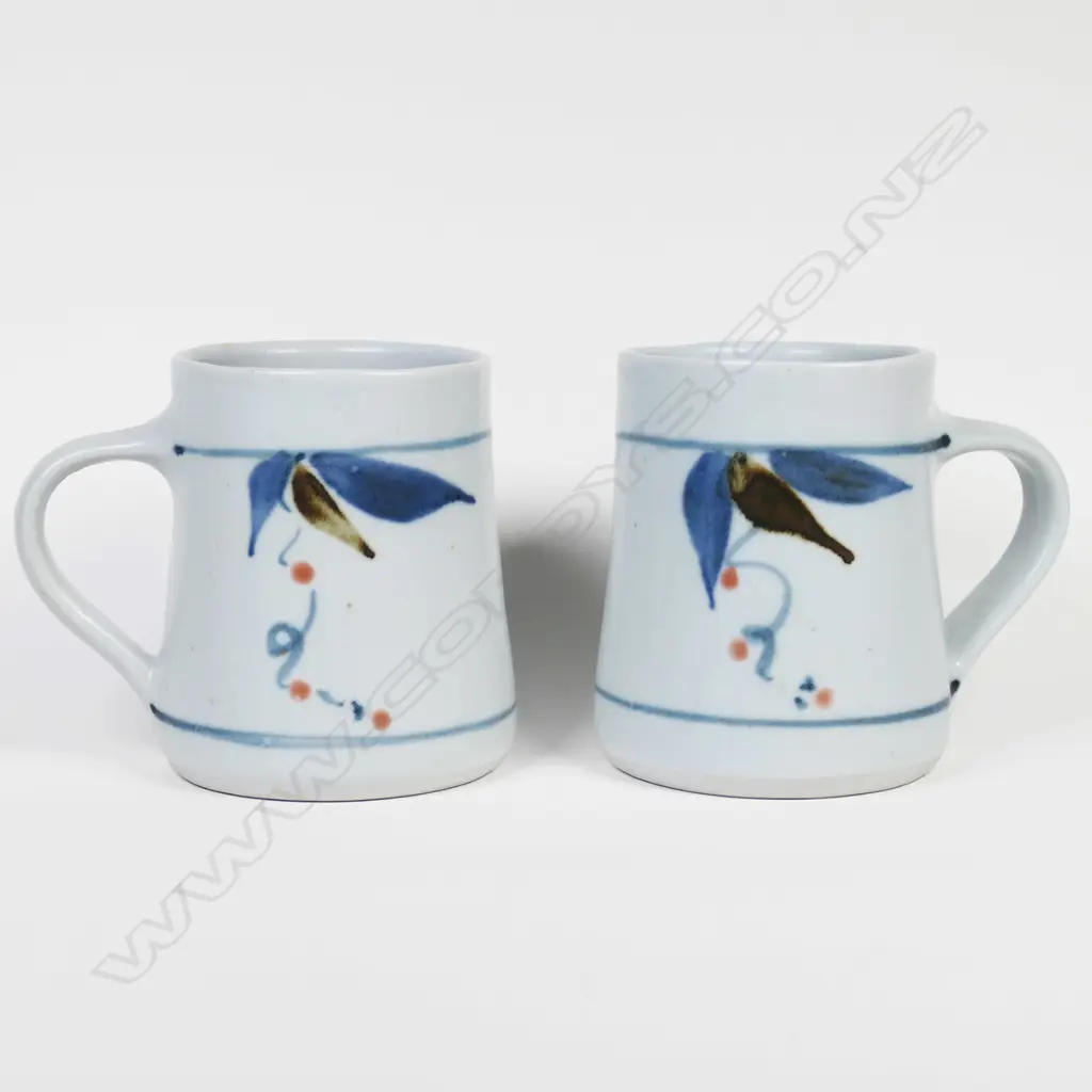 2 Peter Oxborough mugs brushed leafy & banded decoration. Image 1++