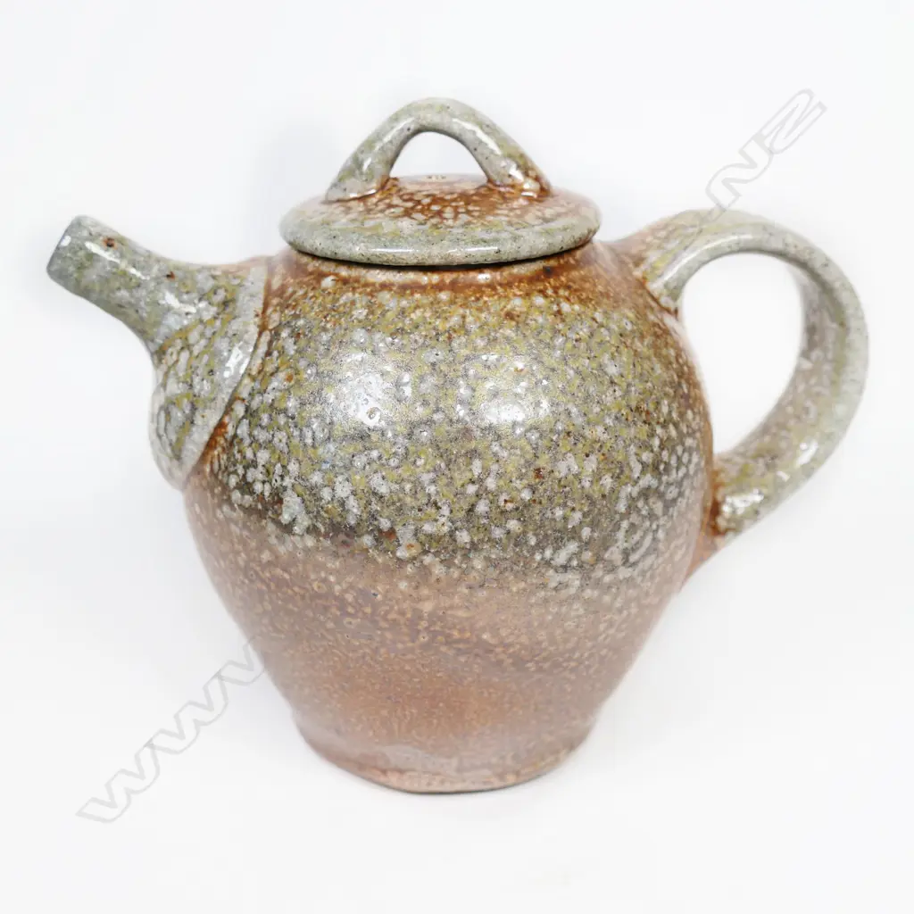 Duncan Shearer wood fired teapot caramel/grey glaze effects lustrous brown ground. Impressed marks Image 1++