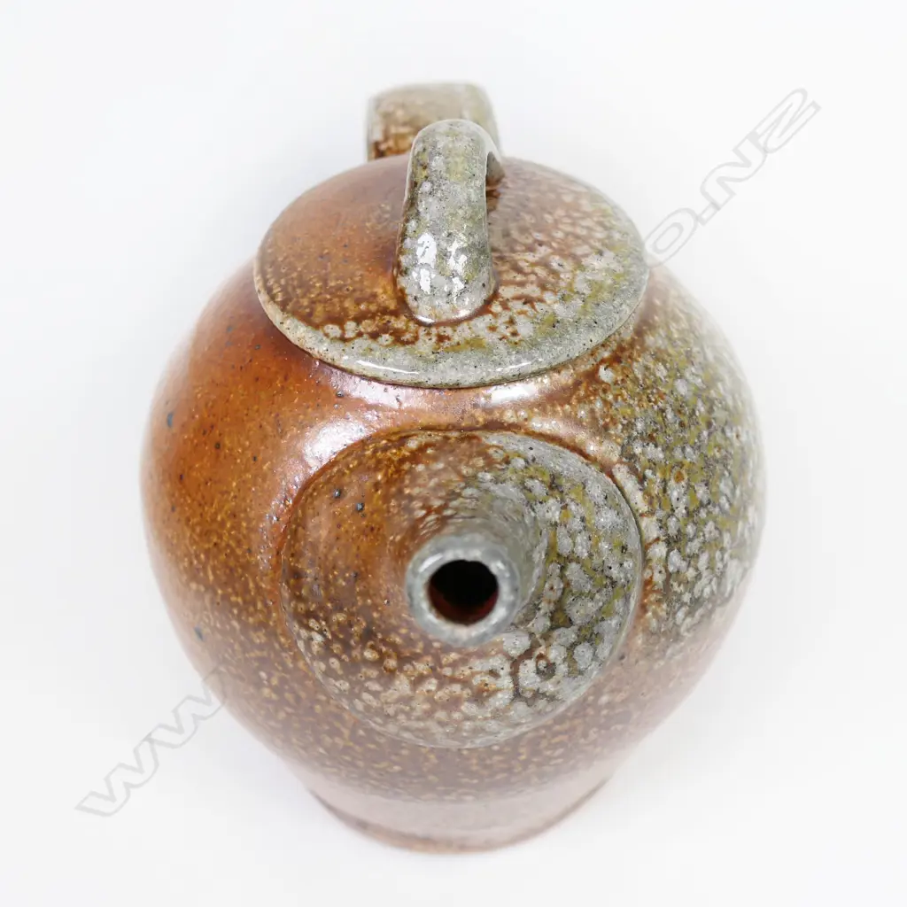 Duncan Shearer wood fired teapot caramel/grey glaze effects lustrous brown ground. Impressed marks Image 1++