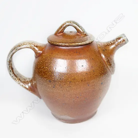Duncan Shearer wood fired teapot caramel/grey glaze effects lustrous brown ground. Impressed marks