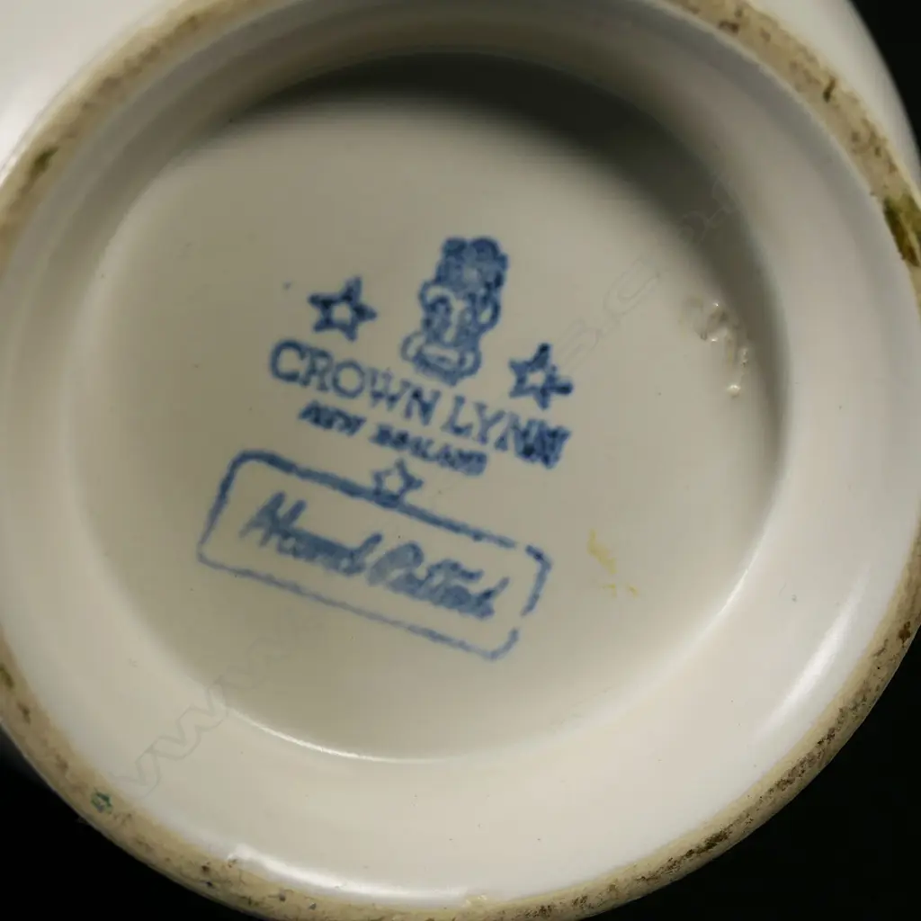 Crown Lynn hand potted #5 small vase with painted flowers and initialed EG.H.130mm. Image 1++