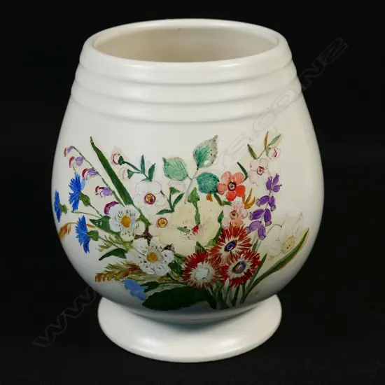 Crown Lynn hand potted #5 small vase with painted flowers and initialed EG.H.130mm.