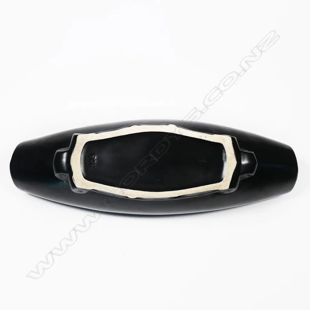 Black Crown Lynn trough vase on scrolled base #108 W.290mm Image 1++