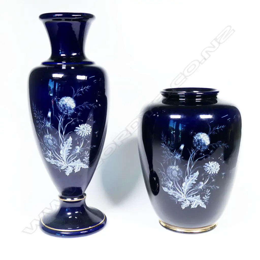 Two uncommon Titian Pottery cobalt blue floral decorated vases Image 1++