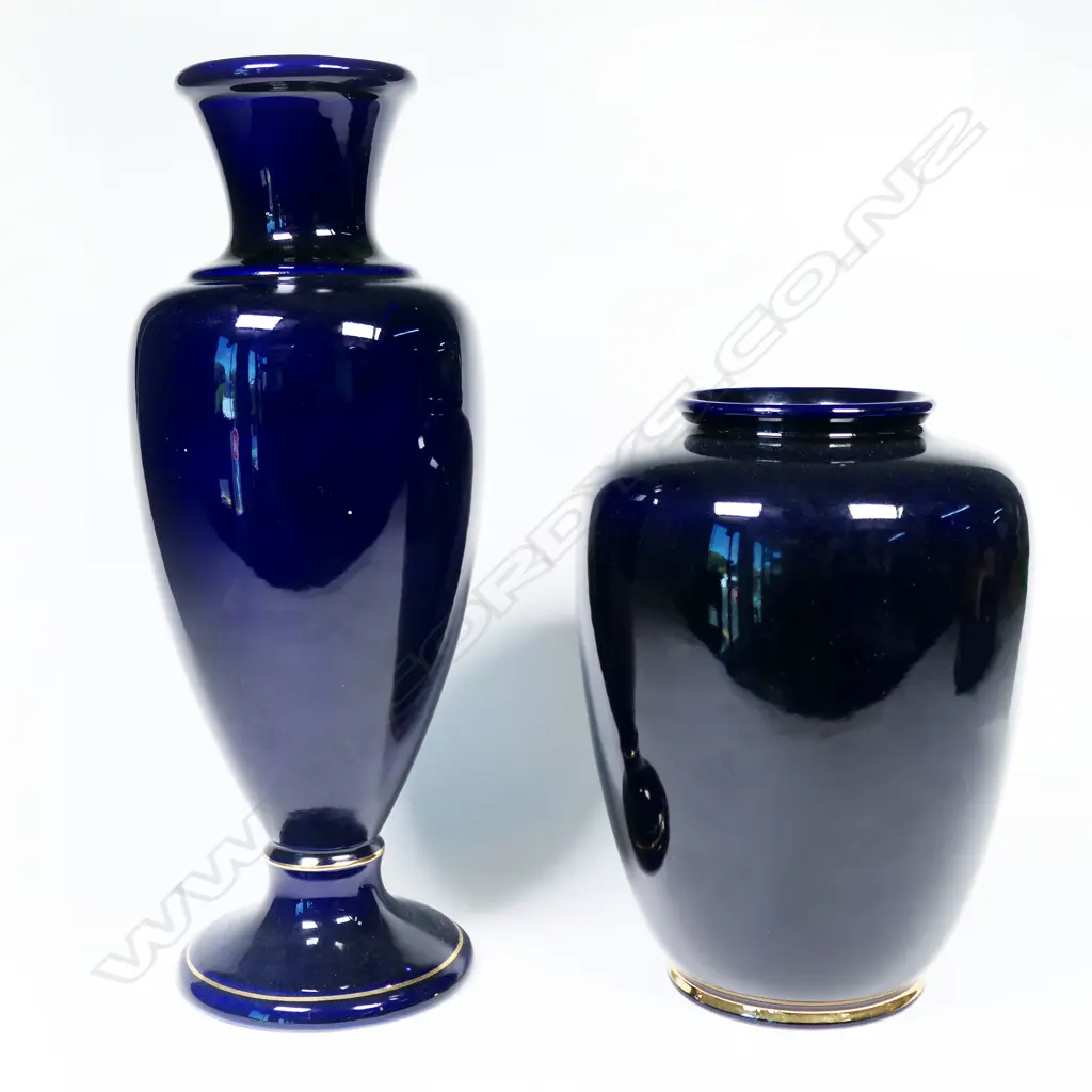 Two uncommon Titian Pottery cobalt blue floral decorated vases Image 1++