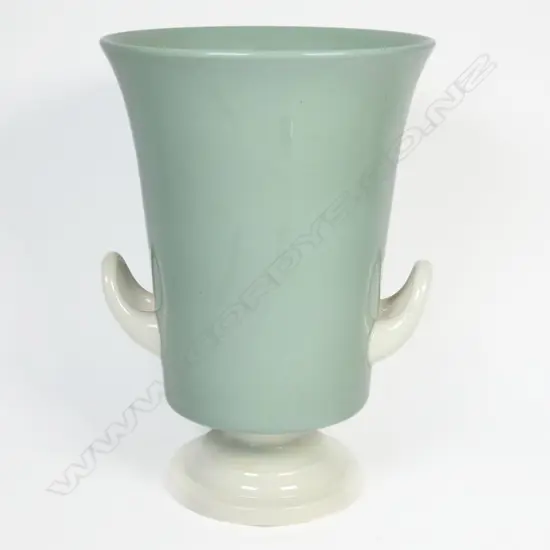 Keith Murray Wedgwood urn vase green & white. KM circular mark. H.205mm.
