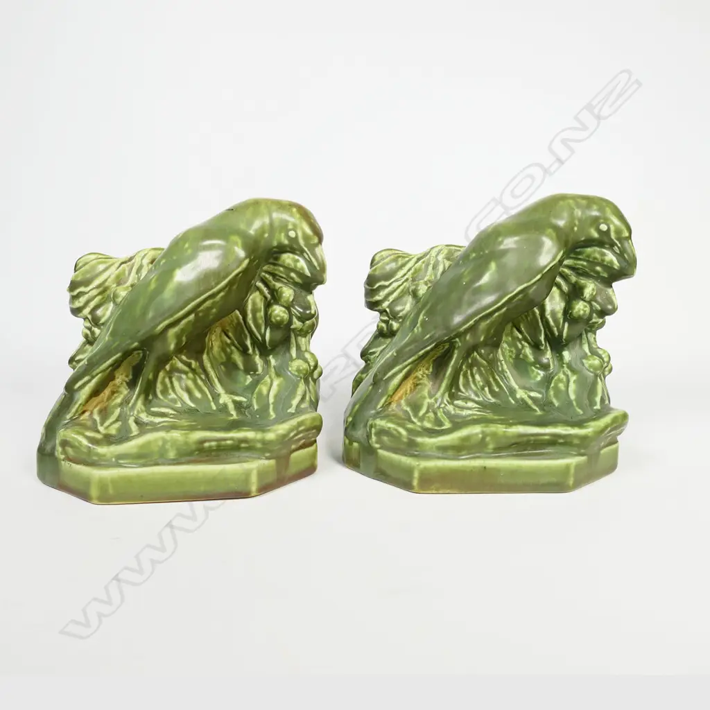 Pair 1925 Rookwood (USA) raven green glaze bookends #2275 designed by William MacDonald. H.135mm. Image 1++