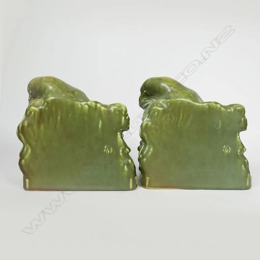 Pair 1925 Rookwood (USA) raven green glaze bookends #2275 designed by William MacDonald. H.135mm. Image 1++