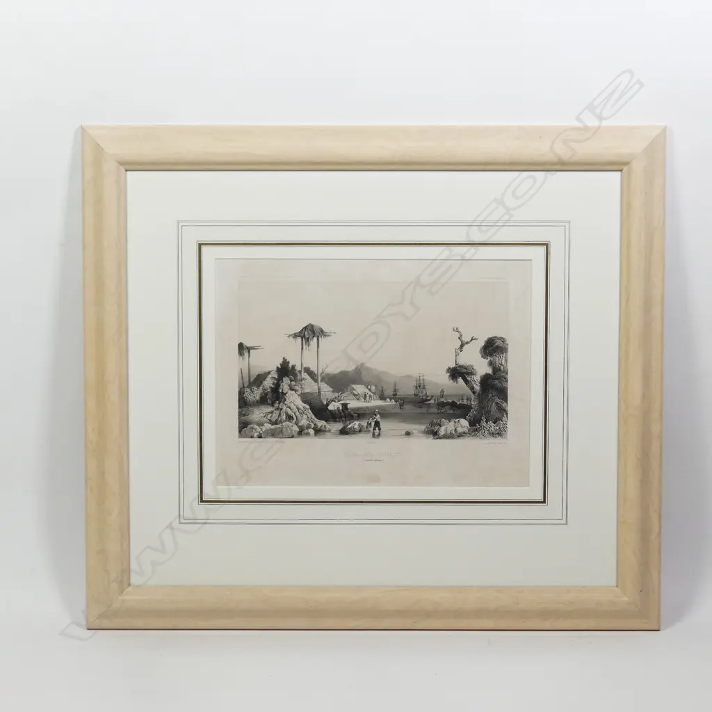 Louis Le Breton 'Mouillage d'Otago' Lithograph c. 1846. Original lithograph of Otago harbour with D'Urville's ships in the background - Atlas Pittoresque Plate 181. Framed under glass Image 1++