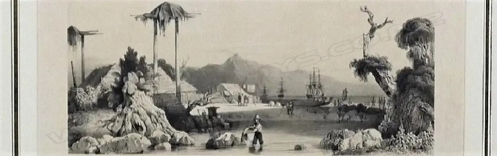Louis Le Breton 'Mouillage d'Otago' Lithograph c. 1846. Original lithograph of Otago harbour with D'Urville's ships in the background - Atlas Pittoresque Plate 181. Framed under glass Image 1++