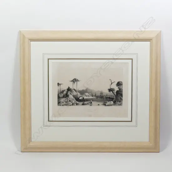 Louis Le Breton 'Mouillage d'Otago' Lithograph c. 1846. Original lithograph of Otago harbour with D'Urville's ships in the background - Atlas Pittoresque Plate 181. Framed under glass