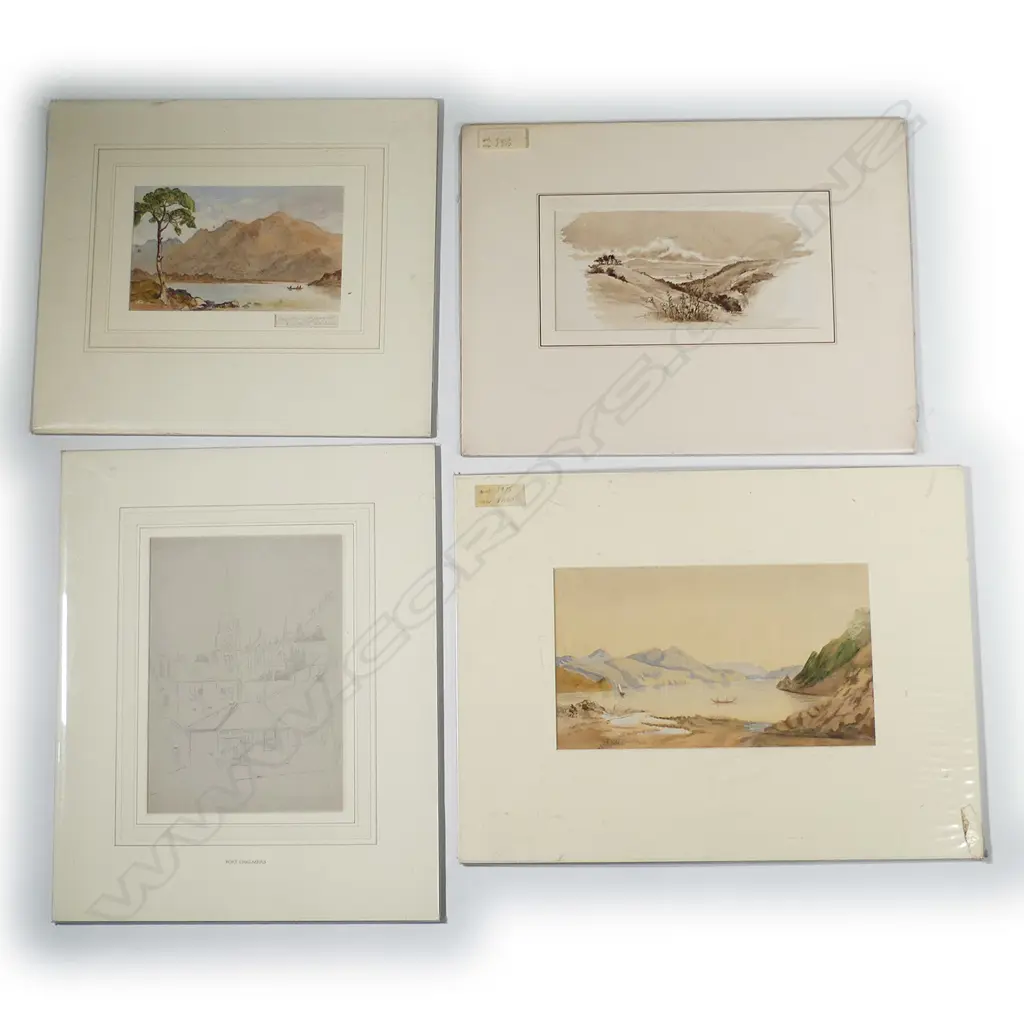 Four artworks - three historical watercolours + sketch Image 1++