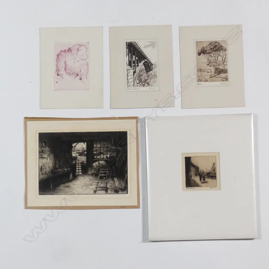 Five etchings including Grafton Bridge scene Image 1++
