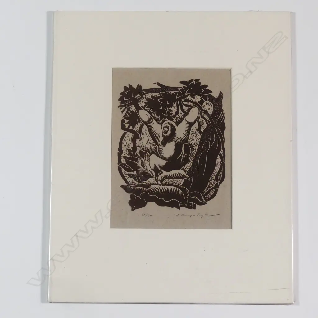 Ernest Mervyn Taylor 'Ape' monochrome linocut Image 1++