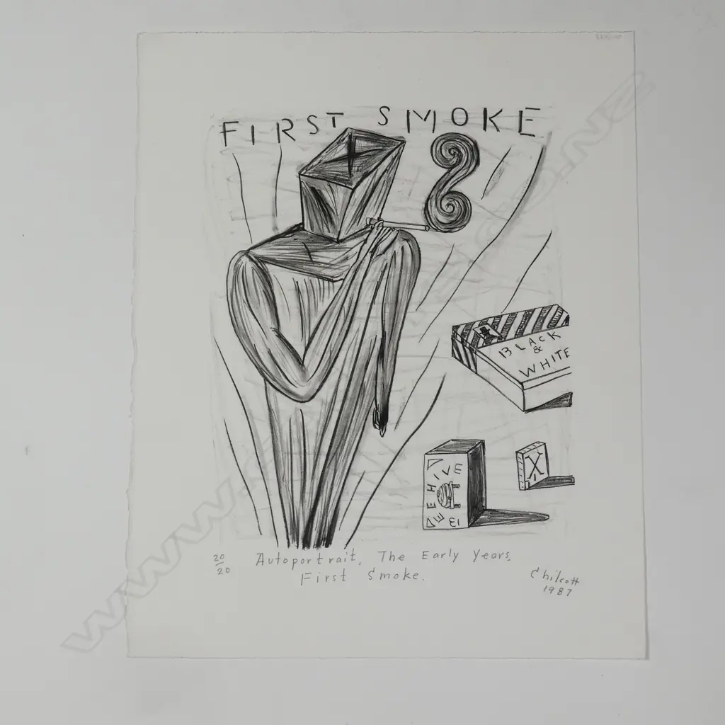 Gavin Chilcott (b. 1950) 'Autoportrait. The Early Years. First Smoke' lithograph Image 1++
