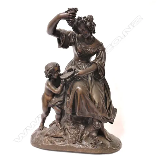 A Victorian bronze of a young woman with cherub tasting the new wine