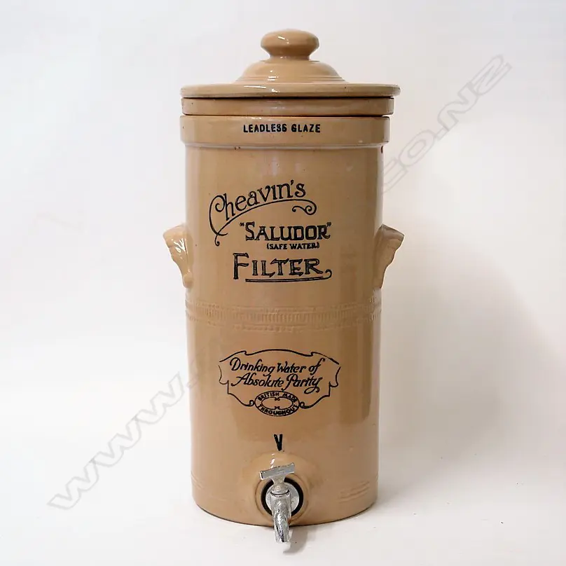 A vintage Cheavin's 'Saludor (Safe Water)' stoneware water filter Image 1++