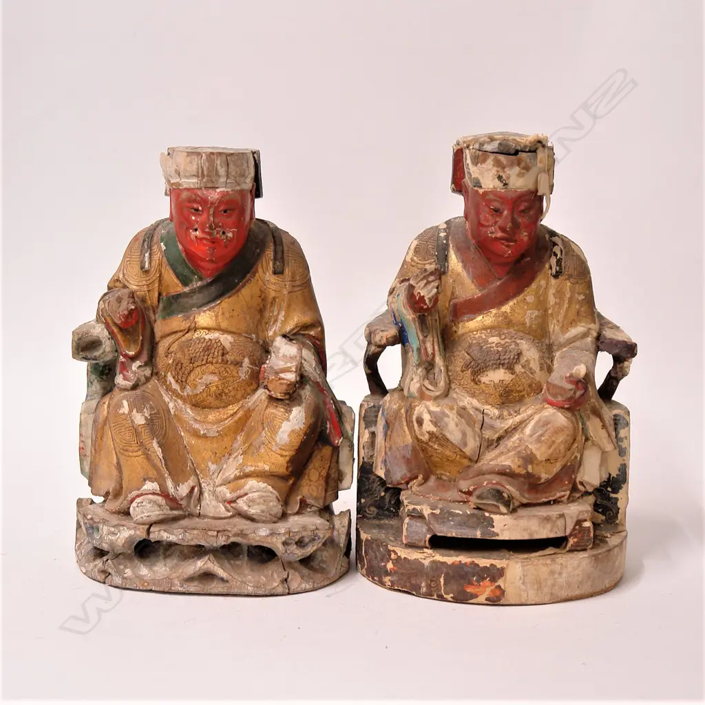 A pair of old Chinese carved wood seated deity figures Image 1++
