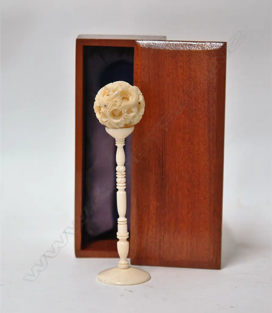 A vintage Chinese carved ivory puzzle ball on stand Image 1++