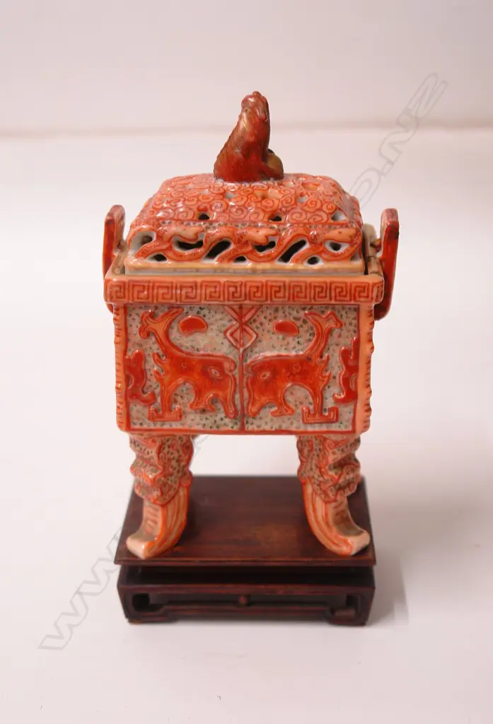 An old Chinese red glazed and painted censer on stand Image 1++