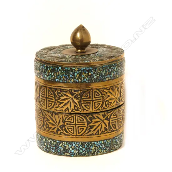 An old Chinese brass and turquoise 'opium' lidded box of circular section