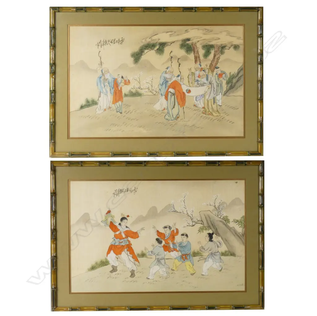A pair of Chinese polychrome watercolour paintings on silk Image 1++