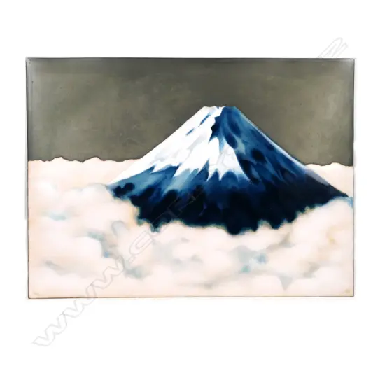 A Japanese wireless enamel rectangular plaque depicting the upper slopes of Mount Fuji