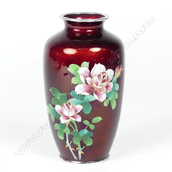 A fine quality Japanese deep rich red basse-taille baluster cloisonné vase