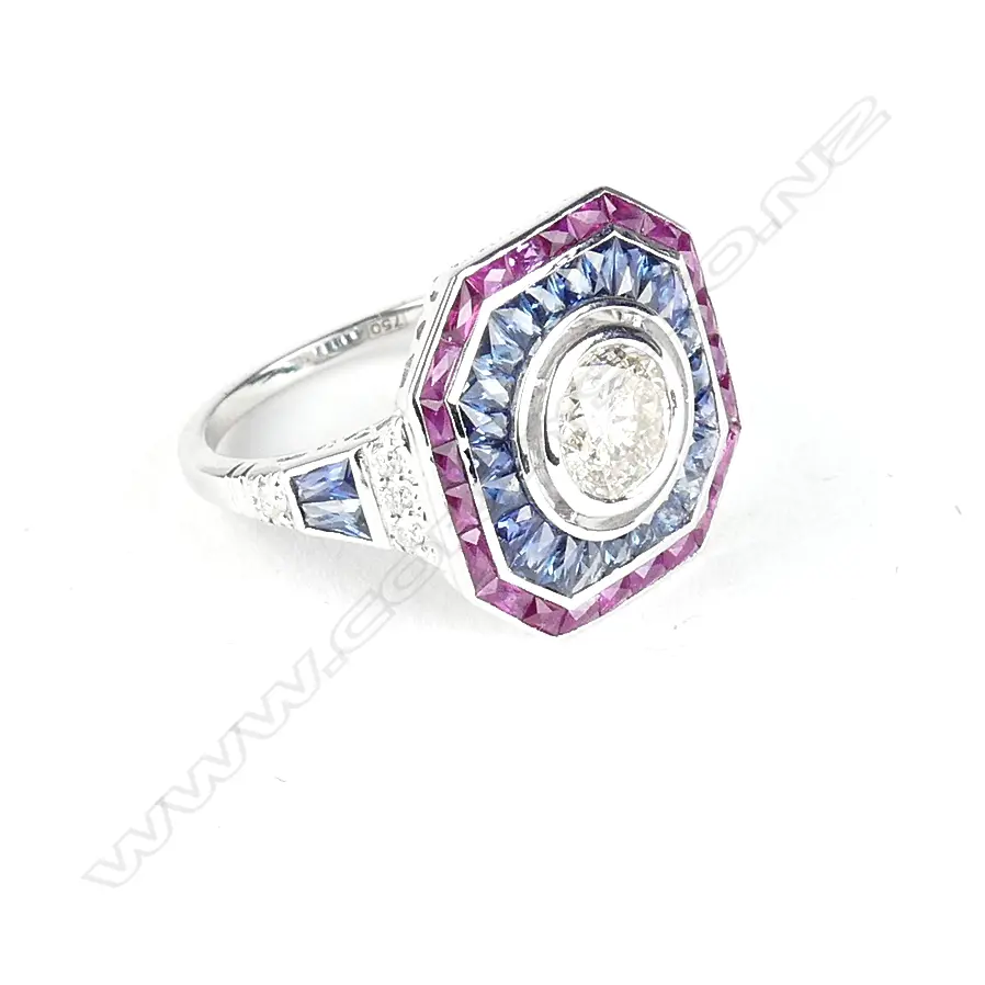 An 18ct. white gold diamond ruby and sapphire Art Deco style ring Image 1++