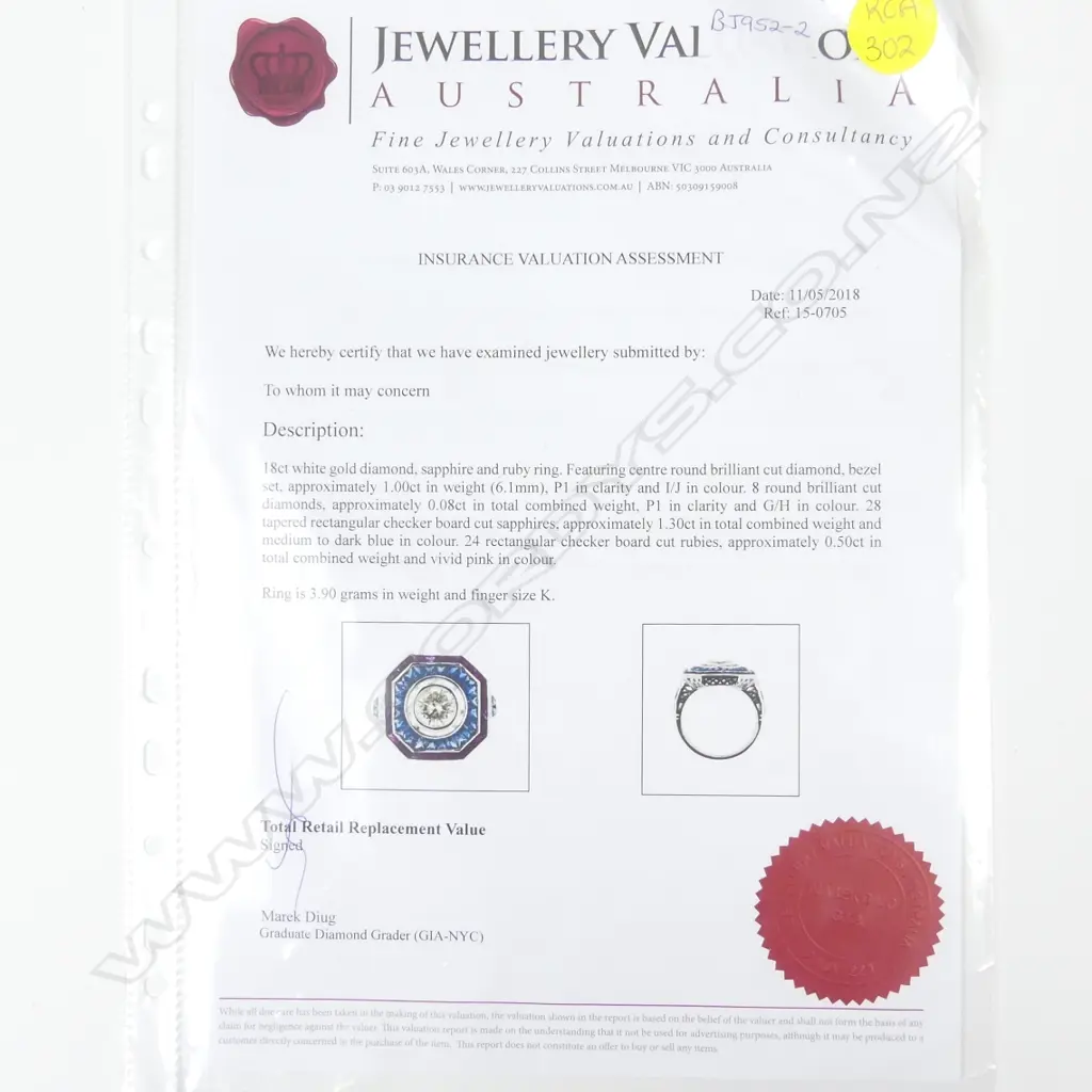 An 18ct. white gold diamond ruby and sapphire Art Deco style ring Image 1++