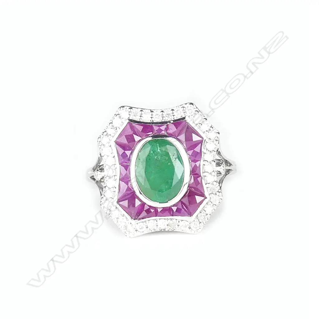 An 18ct. white gold emerald ruby and diamond Art Deco style ring Image 1++
