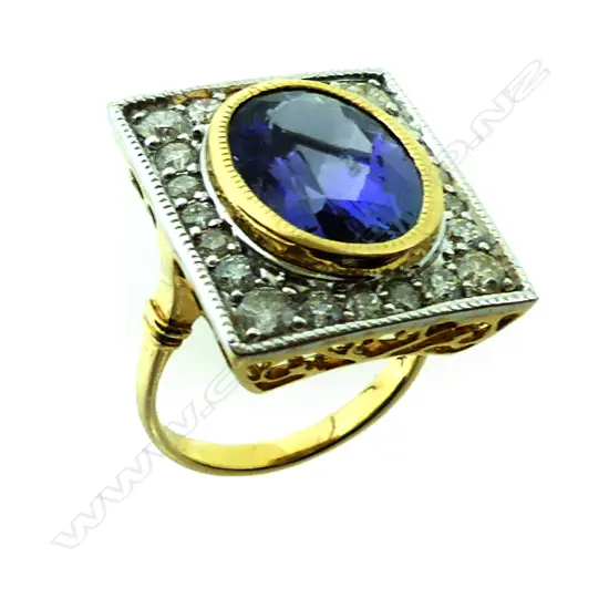 A 14ct. gold tanzanite and diamond Art Deco style ring