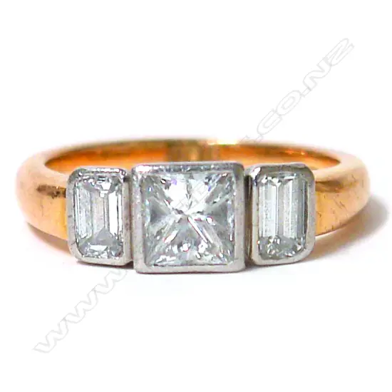 A modern 18ct. yellow and white gold three-stone diamond ring