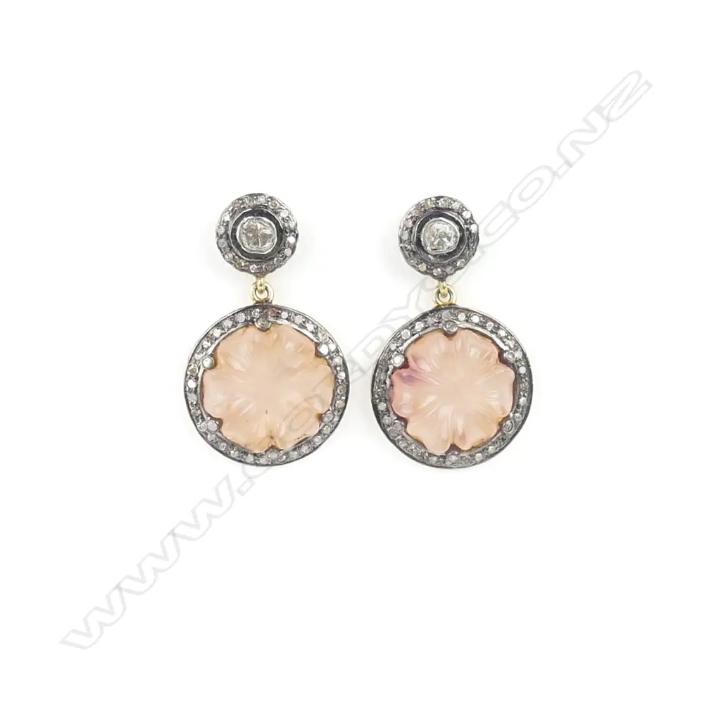 A pair of 14ct. gold plated silver diamond and rose quartz earrings Image 1++