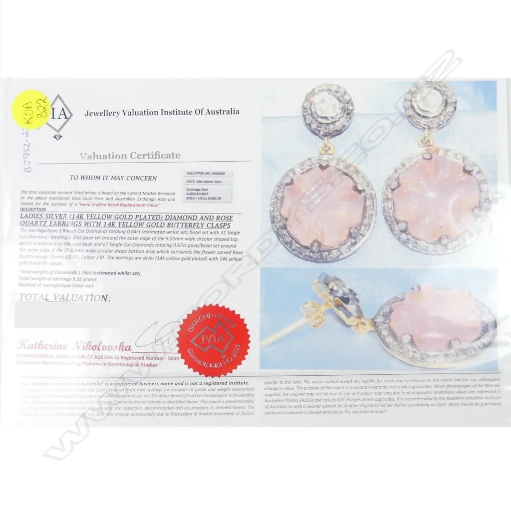 A pair of 14ct. gold plated silver diamond and rose quartz earrings Image 1++