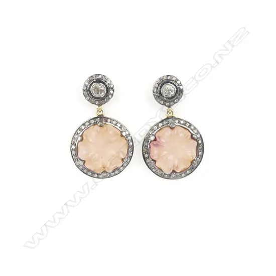 A pair of 14ct. gold plated silver diamond and rose quartz earrings