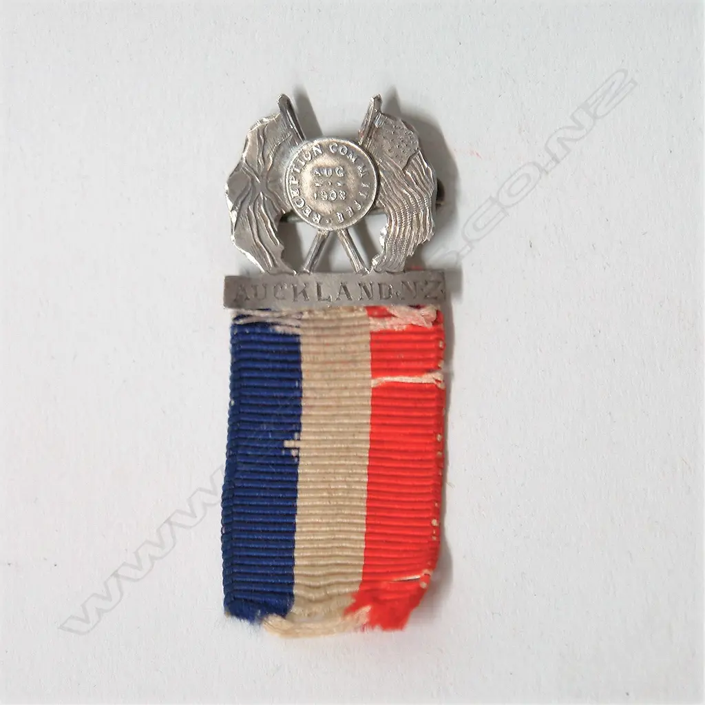 A rare Auckland N.Z. 'Reception Committee' Great White Fleet silver badge with ribbon Image 1++