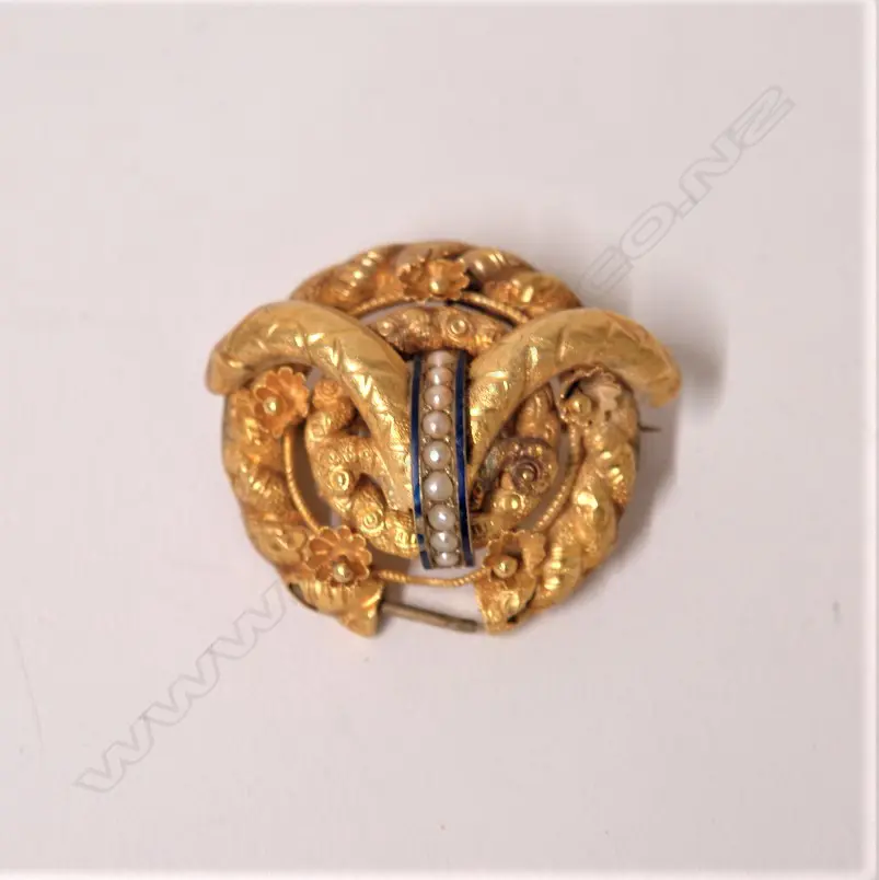 A fancy 19thC gilded 18ct. yellow gold seed pearl and enamel brooch Image 1++