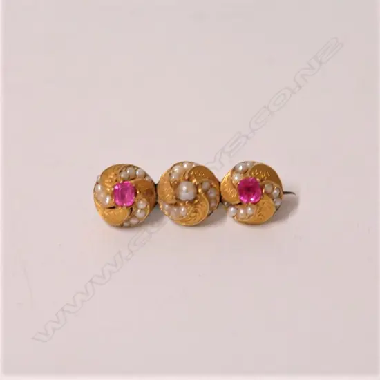 A 19thC 18ct. yellow gold pearl and pink stone brooch
