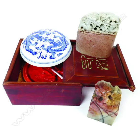 Chinese red seal ink in a porcelain container held in a wooden box