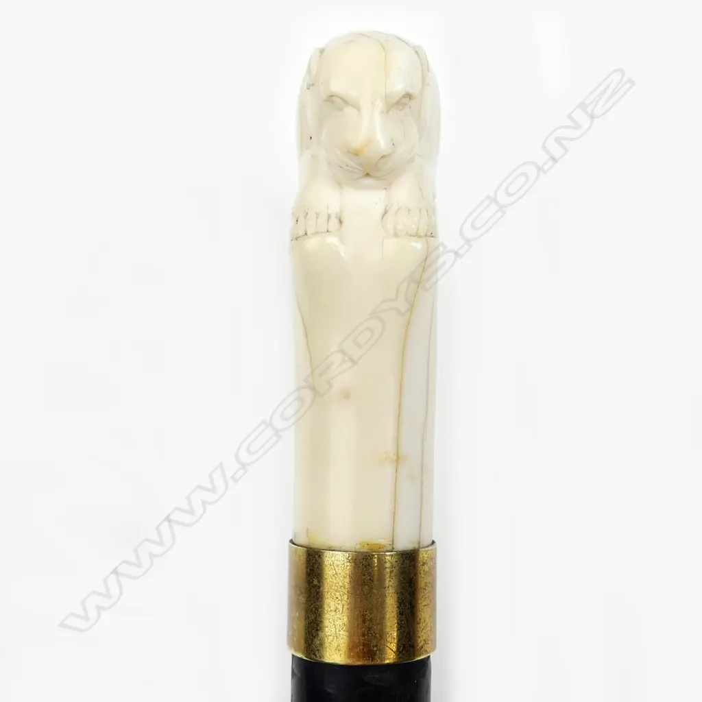 A c.1900 carved ivory tiger handled walking stick Image 1++