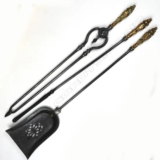 A set of steel and cast copper fire irons