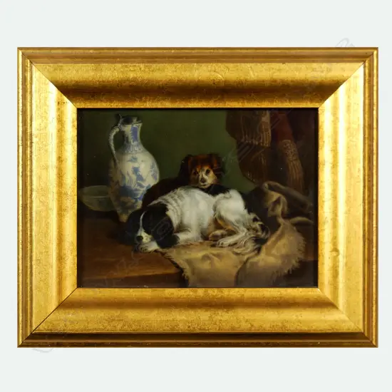 A tile painted with a study of two dogs